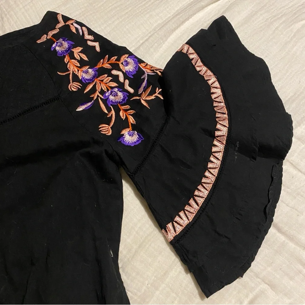 FREE PEOPLE pavlo A-line black flutter sleeve dress cotton embroidered M western
